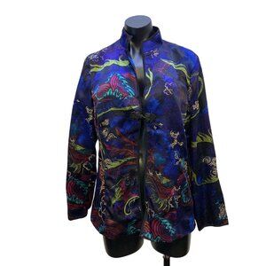 Chicos Silk Cobalt Blue w/Multicolored Print Oriental Jacket With Embroidered De